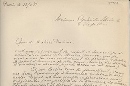 [Carta] 1951 févr. 22, Paris, [Francia] [a] Gabriella [i.e. Gabriela] Mistral, Rapallo, [Italia]