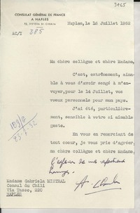 [Carta] 1952 juil. 16, Naples, [Italia] [a] Gabriela Mistral, Naples, [Italia]