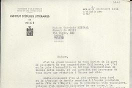 [Carta] 1952 sept. 17, Nice, [Francia] [a] Gabriela Mistral, Napoli, Italie
