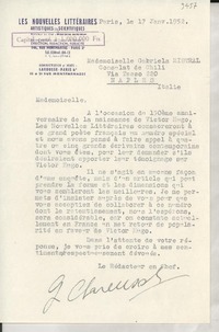 [Carta] 1952 janv. 17, Paris, [Francia] [a] Gabriela Mistral, Nápoles, Italia