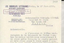 [Carta] 1952 janv. 17, Paris, [Francia] [a] Gabriela Mistral, Nápoles, Italia