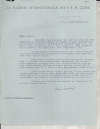 [Carta] 1952 janv. 23, Paris, [Francia] [a] Gabriela Mistral