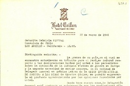 [Carta] 1946 mar. 27, [Chile?] [a] Gabriela Mistral, Consulado de Chile, Los Angeles, California, EE.UU.