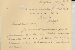 [Carta] [1946] nov. 17, Strijtem, Belgique [a] [Gabriela] Mistral, Petrópolis, Brésil