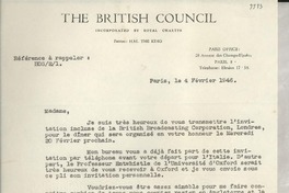 [Carta] 1946 févr. 4, Paris, [Francia] [a] Gabriella [i.e. Gabriela] Mistral, Paris, [Francia]