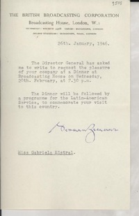 [Carta] 1946 Jan. 27, London [a] Gabriela Mistral