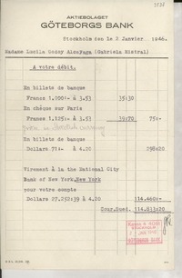 [Recibo] 1946 janv. 2, Stockholm, [Suecia] [a] Lucila Godoy Alcayaga