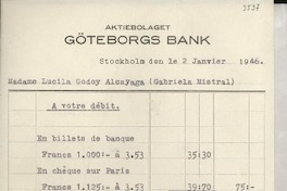 [Recibo] 1946 janv. 2, Stockholm, [Suecia] [a] Lucila Godoy Alcayaga