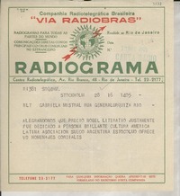 [Telegrama] 1945 nov. 17, Stockholm, [Suecia] [a] Gabriela Mistral, Rio, [Brasil]