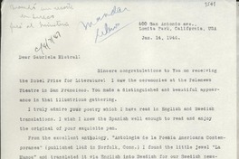 [Carta] 1946 Jan. 14, Lomita Park, California, [EE.UU.] [a] Gabriela Mistral
