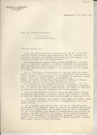 [Carta] 1946 ene. 7, Stockholm [a] Gabriela Mistral, Paris