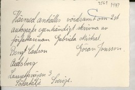 [Tarjeta] [1947], Sodertalje, Sverige, [Suecia] [a] Gabriela Mistral