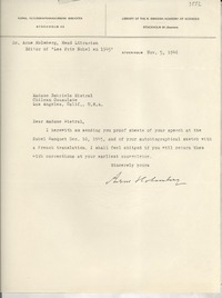 [Carta] 1946 Nov. 5, Stockholm [a] Gabriela Mistral, Los Ángeles, California, U. S. A.