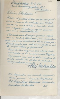 [Carta] 1950 mayo 8, Stockholm, [Suecia] [a] Gabriela Mistral