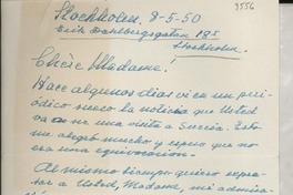 [Carta] 1950 mayo 8, Stockholm, [Suecia] [a] Gabriela Mistral