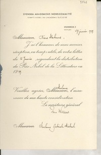 [Carta] 1949 janv. 27, Stockholm, [Sweden] [a] Gabriela Mistral