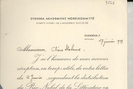 [Carta] 1949 janv. 27, Stockholm, [Sweden] [a] Gabriela Mistral