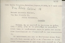 [Carta] 1951 mars 6, Lugano, Suisse [a] Gabriela Mistral, Rapallo