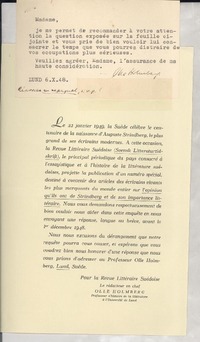 [Tarjeta] 1948 févr. 6, Lund, [Sweden] [a] [Gabriela Mistral]