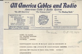 [Telegrama] 1954 oct. 19, Panamá [a] Magnus von Platen, Stockholm, Sweden