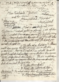 [Carta] 1957, Malmö, Sweden [a] Gabriela Mistral, Hampstead Hospital, New York