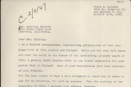 [Carta] 1946 Oct. 15, Los Angeles, California, [EE.UU.] [a] Gabriela Mistral, Monrovia, California, [EE.UU.]
