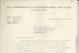 [Carta] 1947 Mar. 31, Zurich, [Switzerland] [a] Gabriela Mistral, Los Angeles, [EE.UU.]