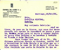 [Tarjeta] 1946 dic. 14, Santiago, Chile [a] Gabriela Mistral