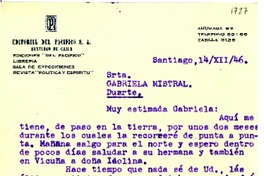 [Tarjeta] 1946 dic. 14, Santiago, Chile [a] Gabriela Mistral