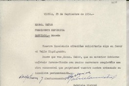 [Telegrama] 1954 sept. 29, Vicuña, [Chile] [al] Excmo. Señor Presidente [de la] República, [La] Moneda, Santiago, [Chile]