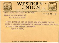 [Telegrama] 1946 jun. 27, Washington D.C., [EE.UU.] [a] Gabriela Mistral, Los A[ngeles], [EE.UU.]