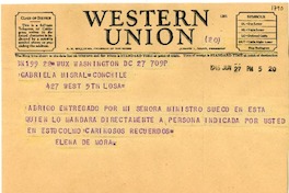 [Telegrama] 1946 jun. 27, Washington D.C., [EE.UU.] [a] Gabriela Mistral, Los A[ngeles], [EE.UU.]