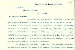 [Carta] 1946 oct. 9, Santiago, Chile [a] Gabriela Mistral, Los Angeles, California, [Estados Unidos]