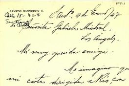 [Carta] 1947 ene. 4, Santiago, Chile [a] Gabriela Mistral, Los Angeles, [EE.UU.]