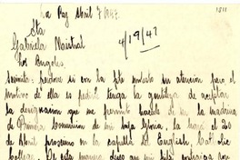[Carta] 1947 abr. 7, La Paz [a] Gabriela Mistral