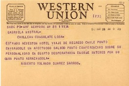 [Telegrama] 1947 mayo 28, New York, [Estados Unidos] [a] Gabriela Mistral, Los A[ngeles], [EE.UU.]