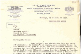 [Carta] 1947 abr. 14, Santiago [a] Gabriela Mistral, Los Ángeles, California