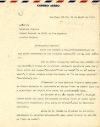 [Carta] 1947 abr. 30, Santiago, Chile [a] Gabriela Mistral, Los Ángeles, EE.UU