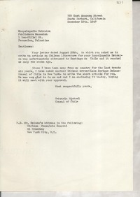 [Carta] 1947 Dec. 19, Santa Bárbara, California, [Estados Unidos] [a] Encyclopedia Hebraica, Jerusalem, Palestine