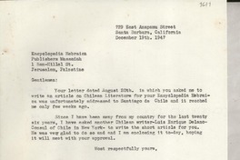 [Carta] 1947 Dec. 19, Santa Bárbara, California, [Estados Unidos] [a] Encyclopedia Hebraica, Jerusalem, Palestine