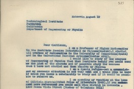 [Carta] Aug. 19, Monrovia, [EE.UU.] [al] Technological Institute, Passadena, California, [EE.UU.]