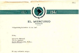 [Carta] 1947 dic. 30, Valparaíso [a] Gabriela Mistral, Santa Bárbara, California, EE.UU