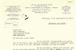 [Carta] 1947 sep. 6, Santiago, [Chile] [a] Juan Domeyko, Los Angeles, [EEUU]