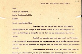 [Carta] 1948 mar. 5, Viña del Mar, Chile [a] Gabriela Mistral, Santa Barbara, Calif[ornia], EE.UU.