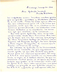 [Carta] 1948 mar. 20, Santiago, [Chile] [a] Gabriela Mistral, Santa Bárbara, [EE.UU.]