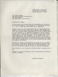 [Carta] 1947 feb. 22, Monrovia, California, [Estados Unidos] [a] Juan Urriza, San Francisco, California