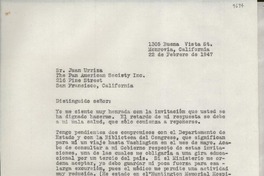 [Carta] 1947 feb. 22, Monrovia, California, [Estados Unidos] [a] Juan Urriza, San Francisco, California