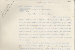 [Carta] 1936 jun. 25, Lisboa, [Portugal] [al] Secretario de Relaciones Exteriores, Eduardo Hay, México D.F., [México]
