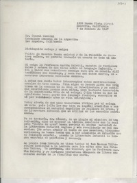 [Carta] 1947 feb. 7, Monrovia, California, [EE.UU.] [al] Cónsul General de la Argentina, Los Angeles, California, [EE.UU.]