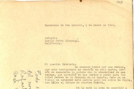 [Carta] 1949 ene. 4, Barrancas de San Antonio, [Chile] [a] Lucila Godoy Alcayaga, California